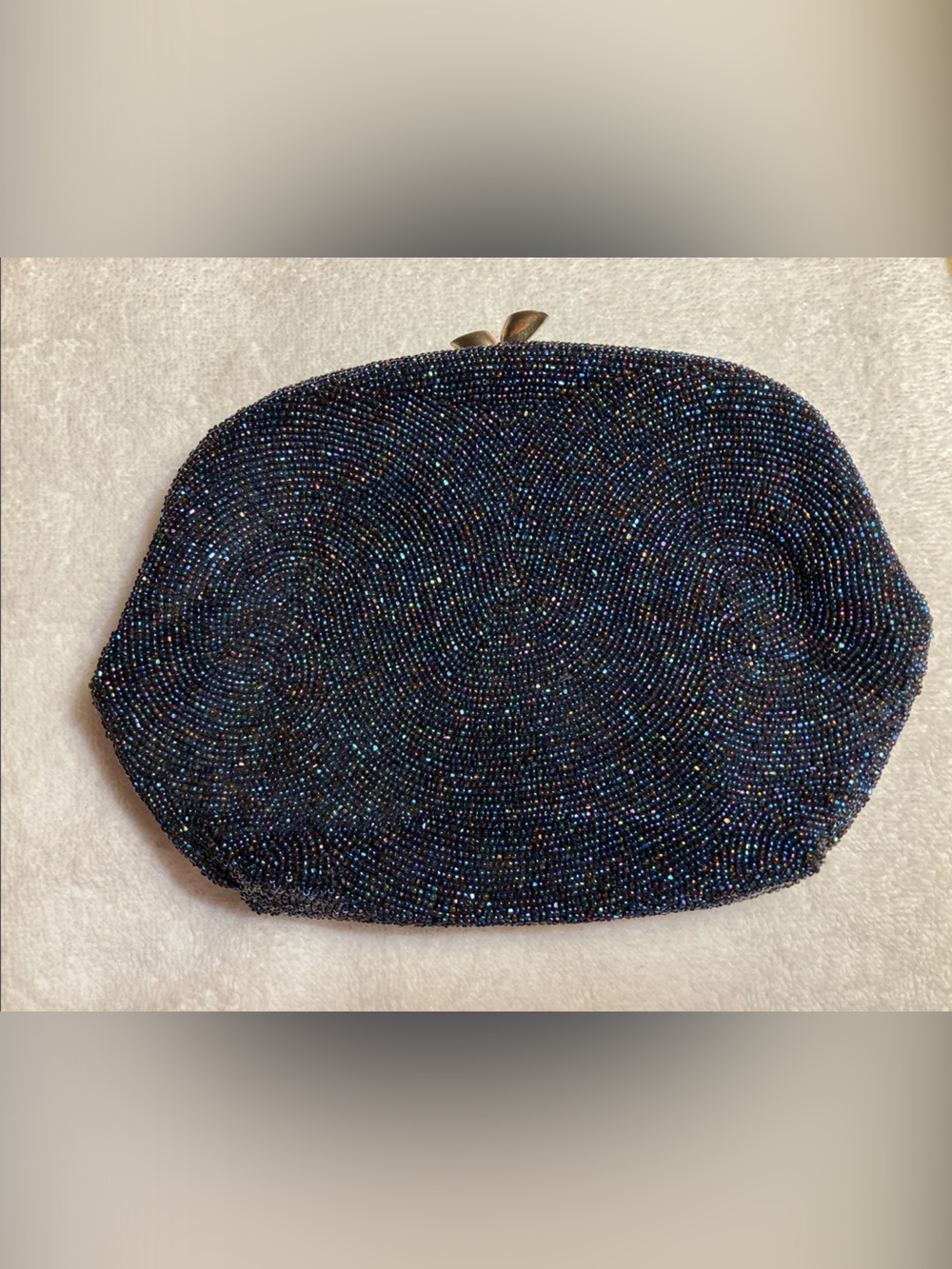Vintage Saks Fifth Avenue Beaded Kisslock Clutch Made In Belgium Navy Blue